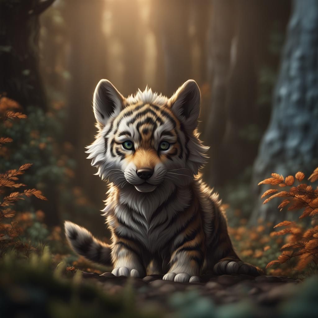 Wolf Cub with Tiger Pattern: Detailed Digital Art