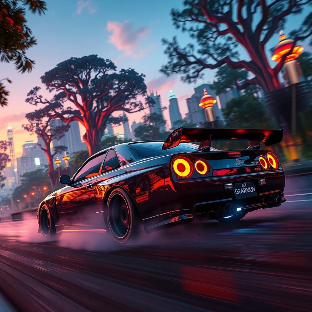 Nissan Skyline GT-R 34 in Neon Cityscape