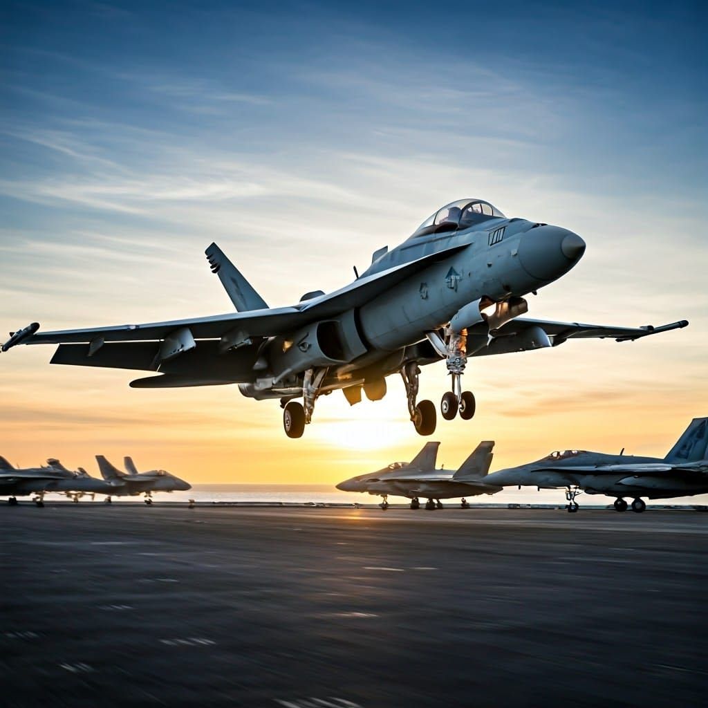 F/A-18 Hornet Landing on Aircraft Carrier at Sunset