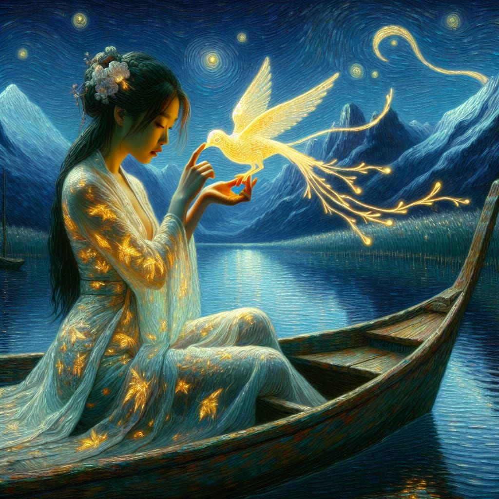 Bioluminescent Bird Guides Woman on Mountain Lake