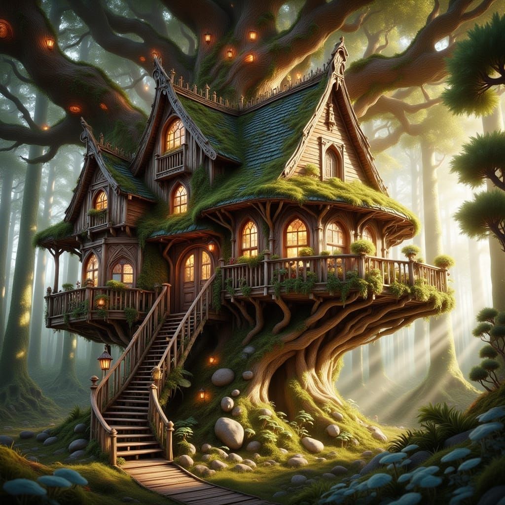 Enchanted Whimsical Treehouse Amidst Lush Woods