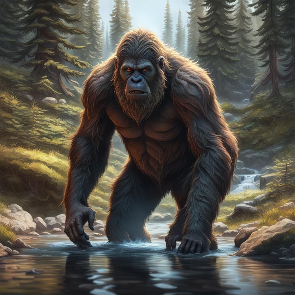 Sasquatch Drinks From Stream: Cinematic Realism