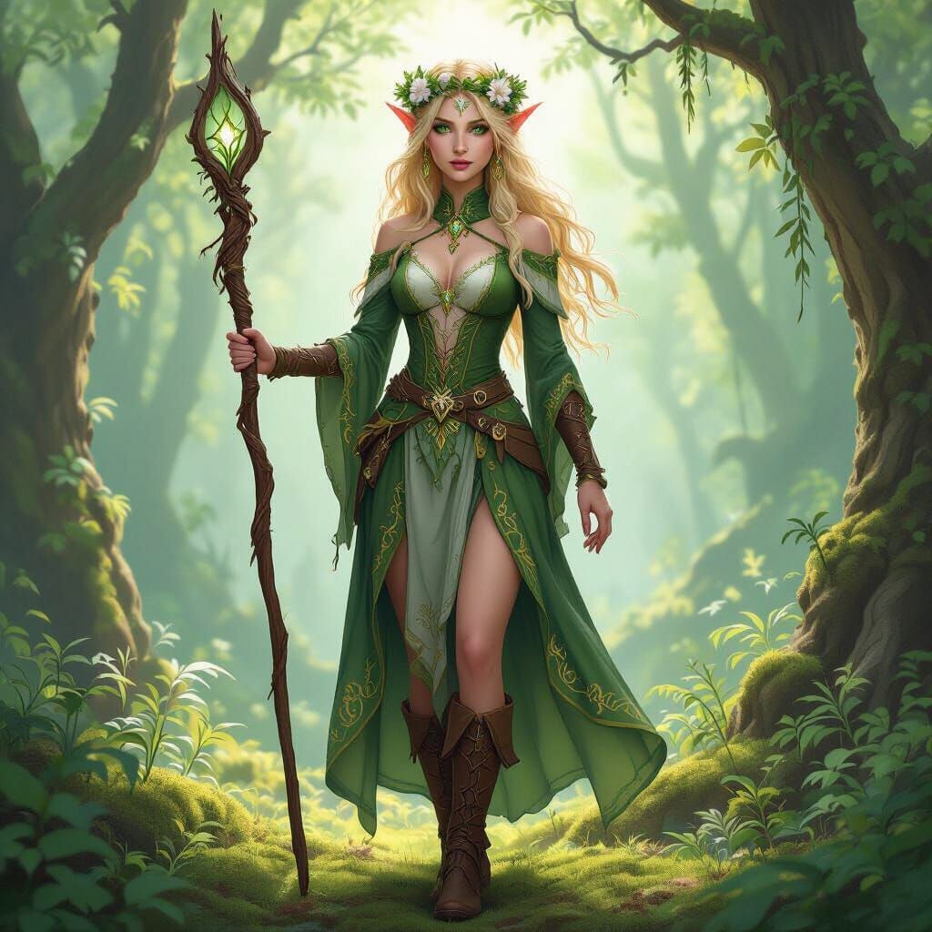 Elf Druid in Forest with Flower Crown and Quarterstaff