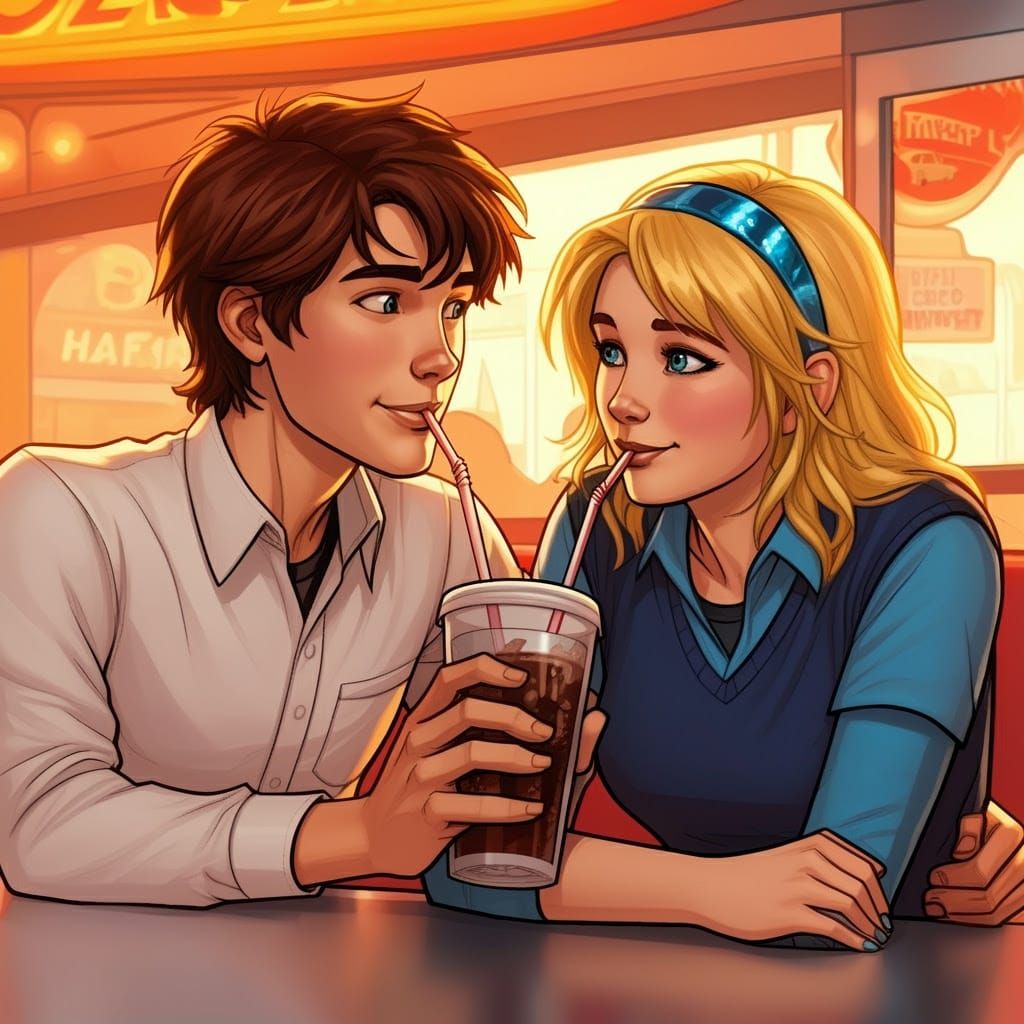 Spike and Carly Share a Soda in Comic Book Style