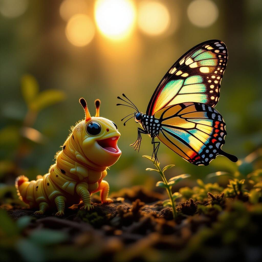 Caterpillar and Butterfly in Enchanted Forest