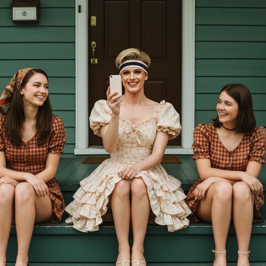 Feminine Guy in Vintage Mini Dress Takes Selfie with Friends