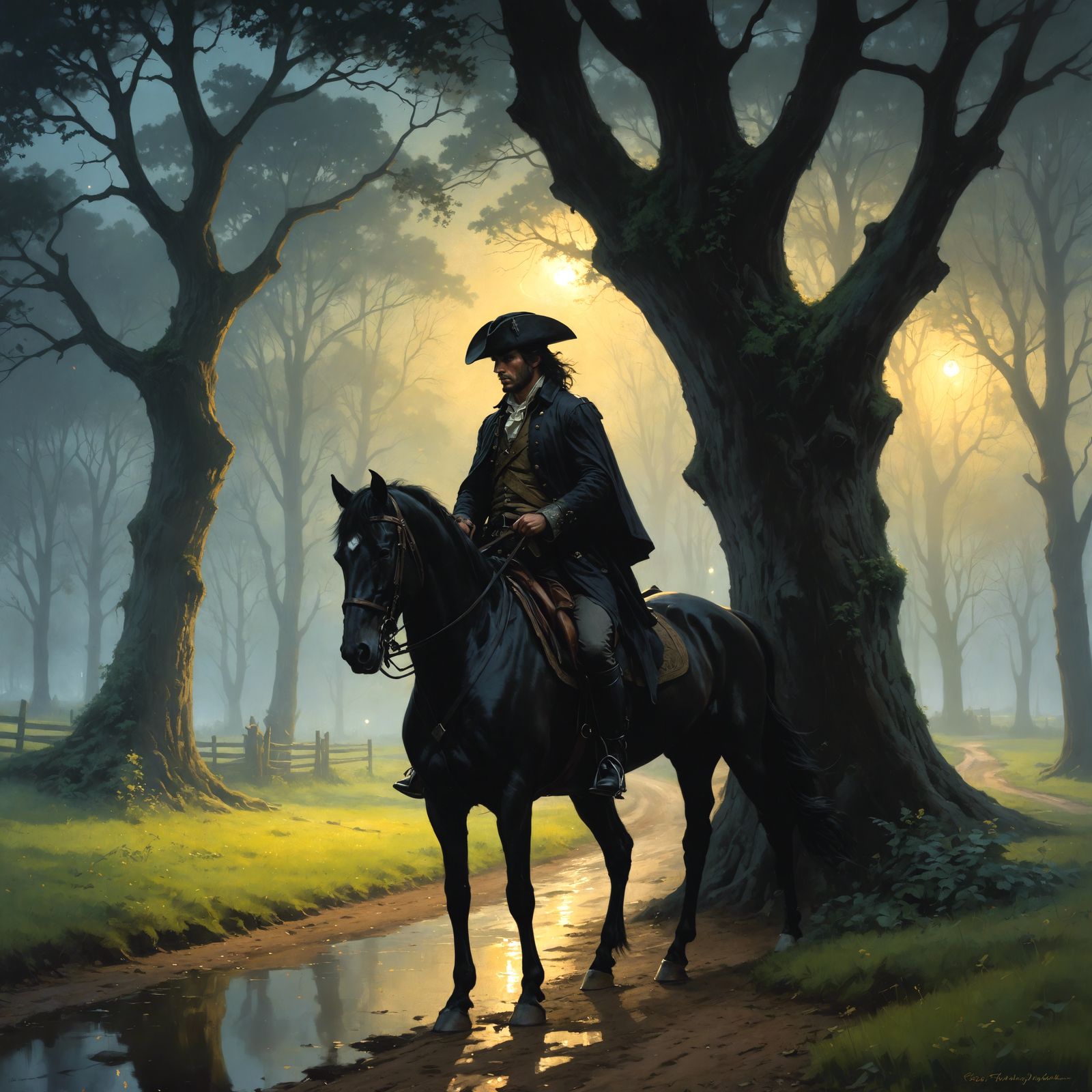 Highwayman on Horseback in Moonlit Watercolour Style