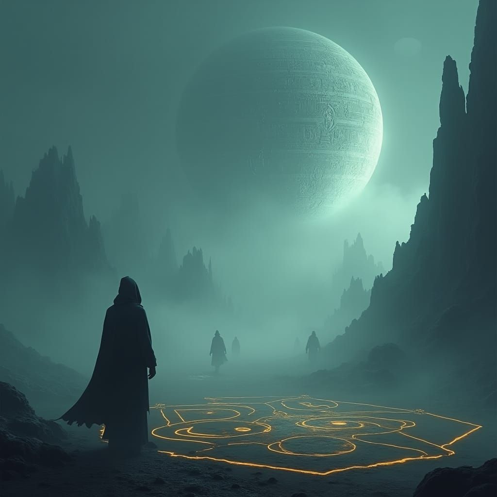 Mystical Realm: Figure Gazing at Ancient Satellite