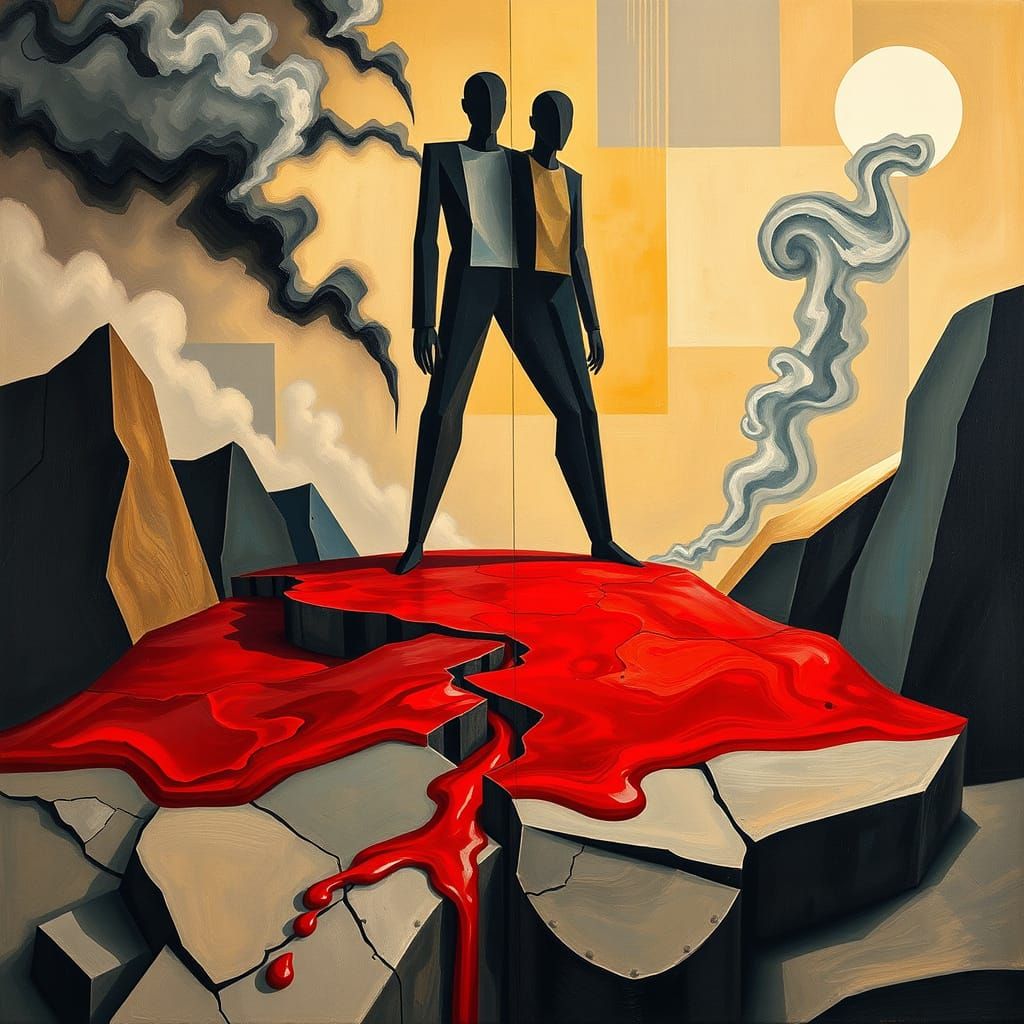 Geometric Landscape with Cubist Figures in Vibrant Style