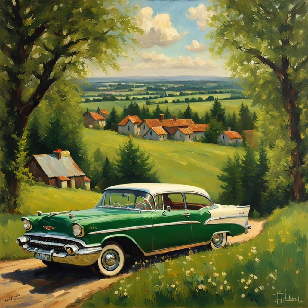 Green 1957 Chevy Bel Air, Oil Painting