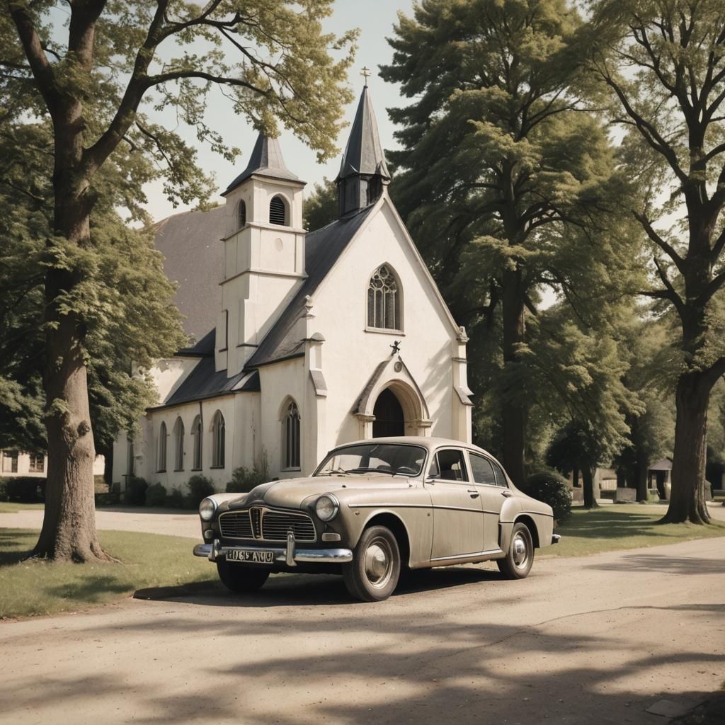 Volvo Amazon Parked Outside Chapel: Vintage Photo