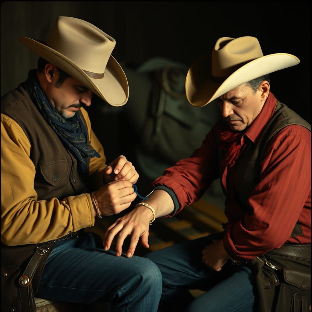 Cowboys Tend to Wounded Comrade in a Cinematic Western Scene