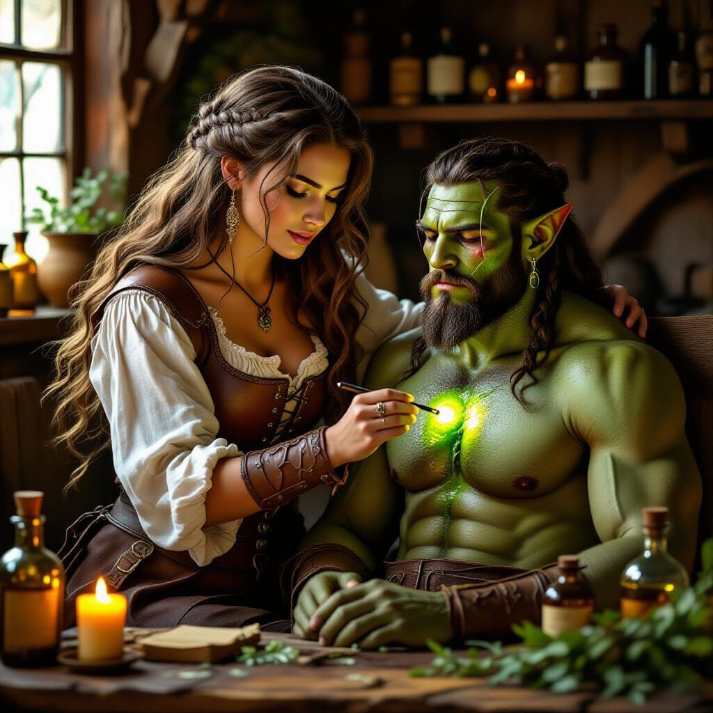 Alchemist Healing Orc: Renaissance-Inspired Scene