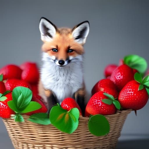 Chibi Fox in Strawberry Basket, Digital Art