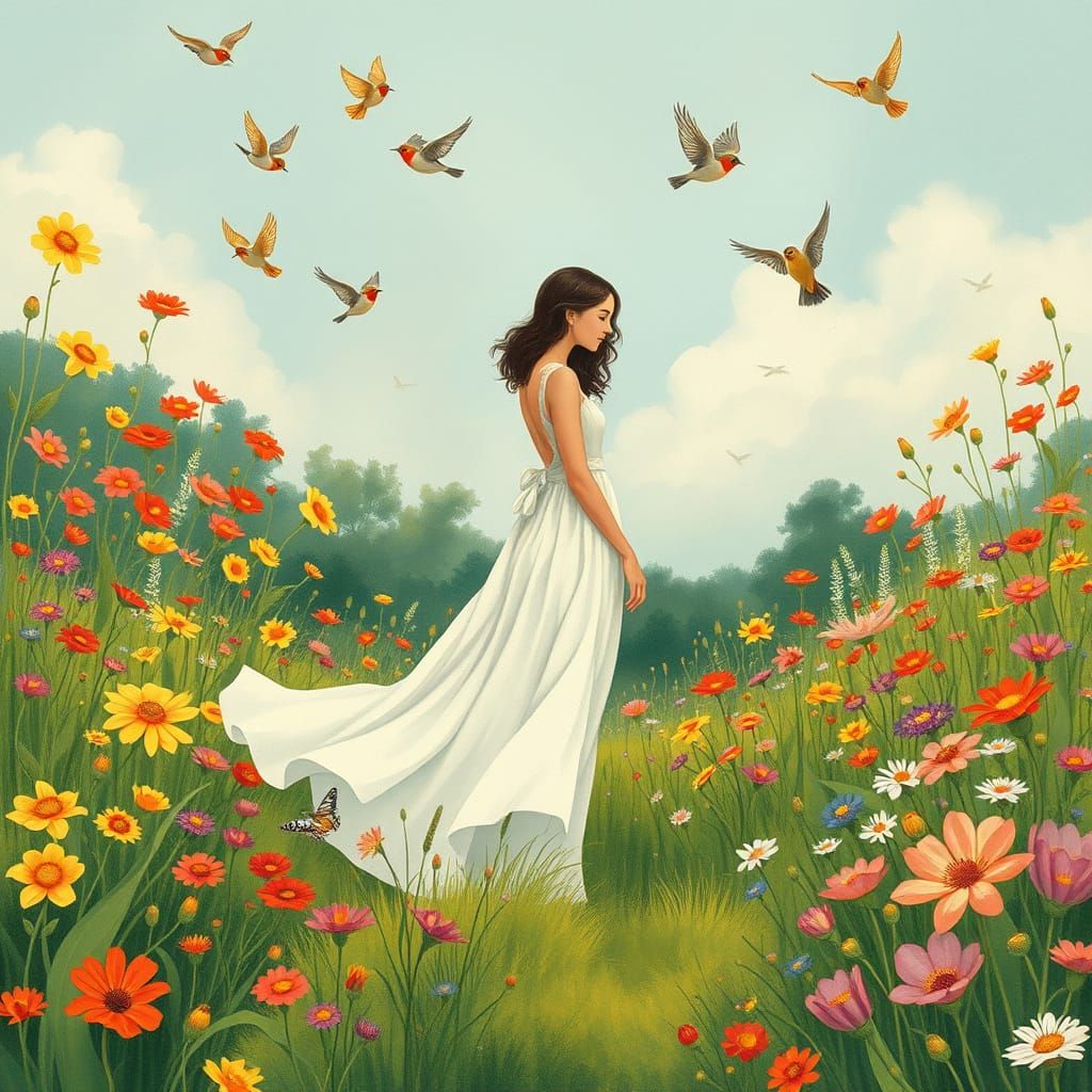 Woman in Meadow with Birds, Art Nouveau Style