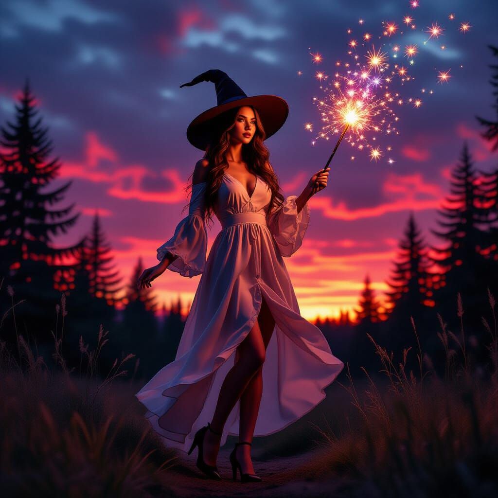 Young Witch with Magic Wand in Forest Clearing