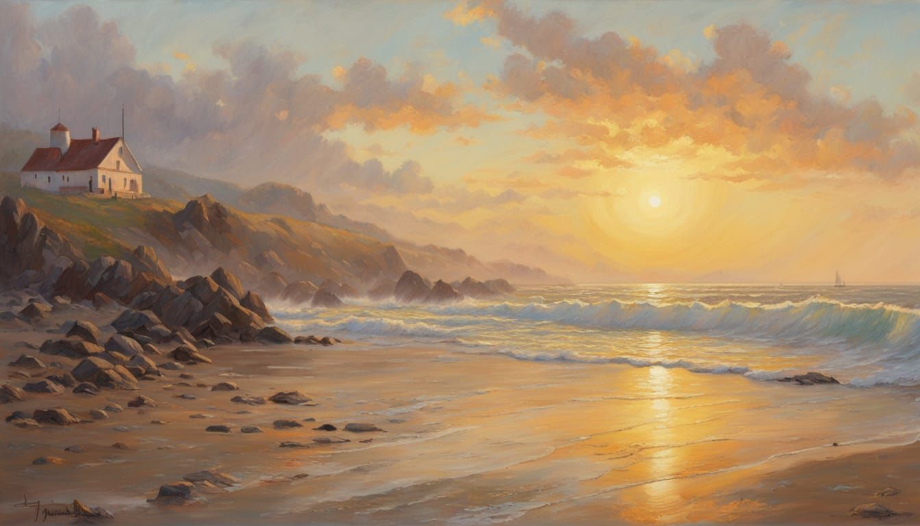 Daybreak Seashore Landscape as Oil Painting