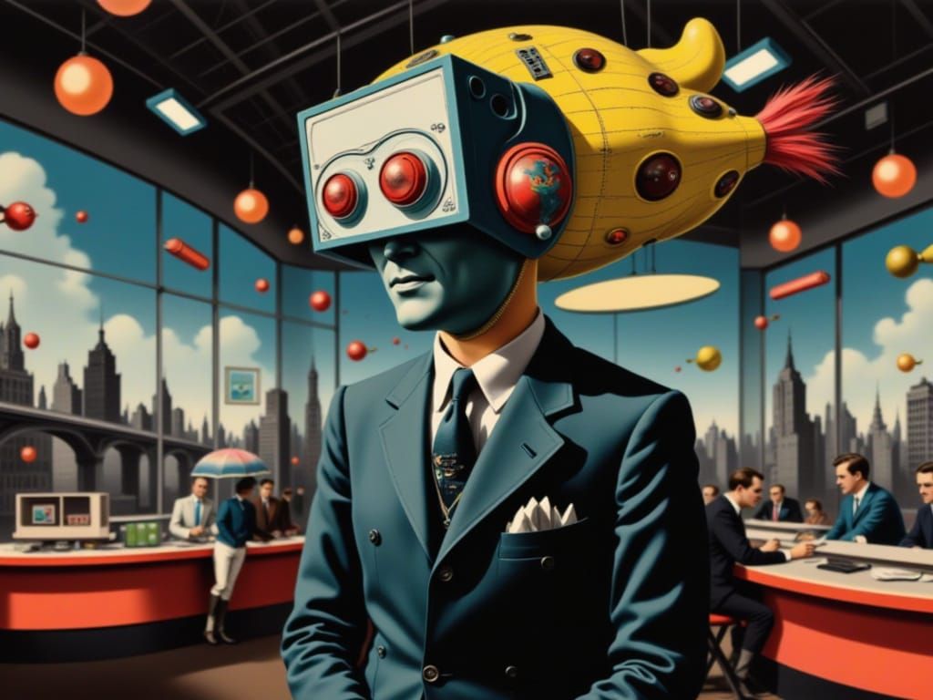 Square-Headed Man in Futuristic News Studio, Cyberpunk Style