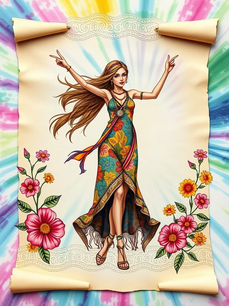 Vibrant Bohemian Collage with Dancing Hippie Girl