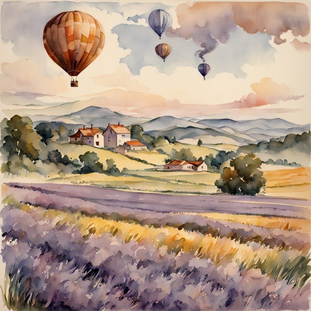 Vintage Hot Air Balloon Over Lavender Field