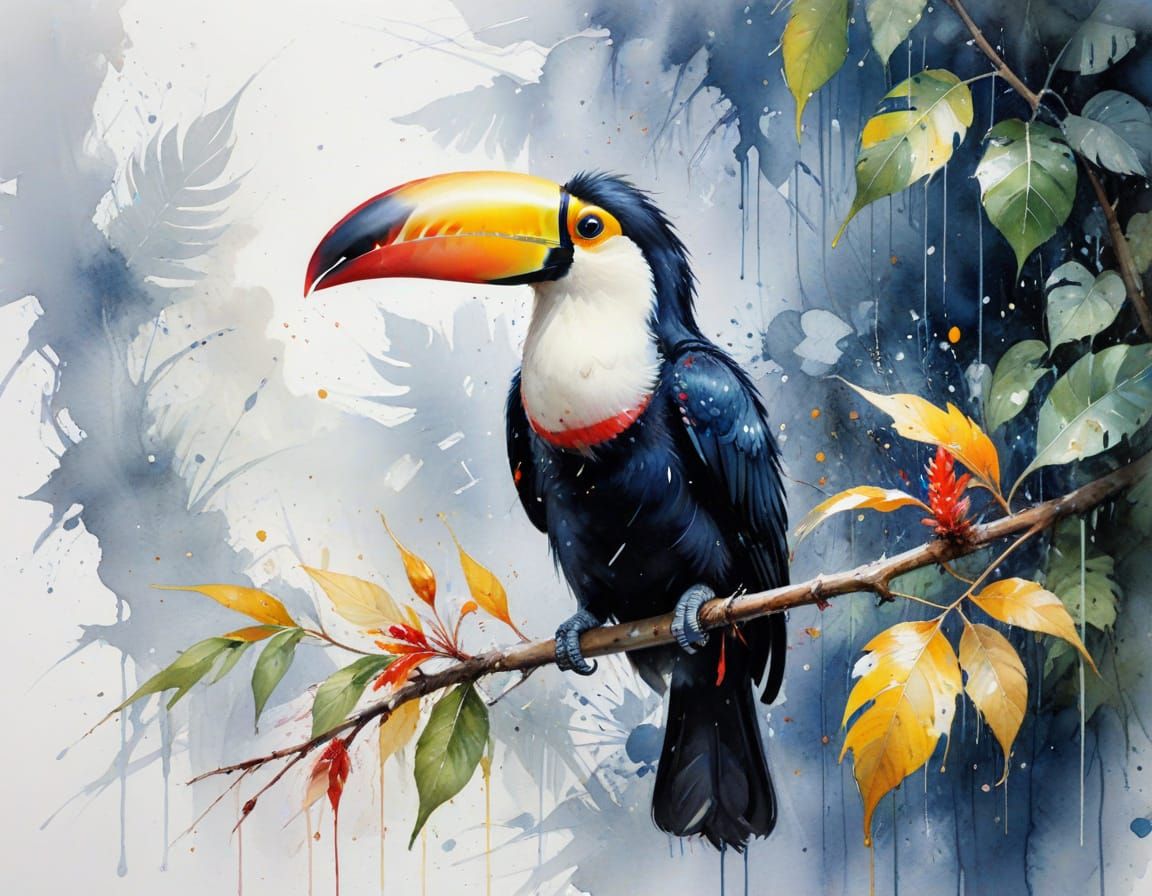 Toucan in Tropical Downpour: Watercolor Art