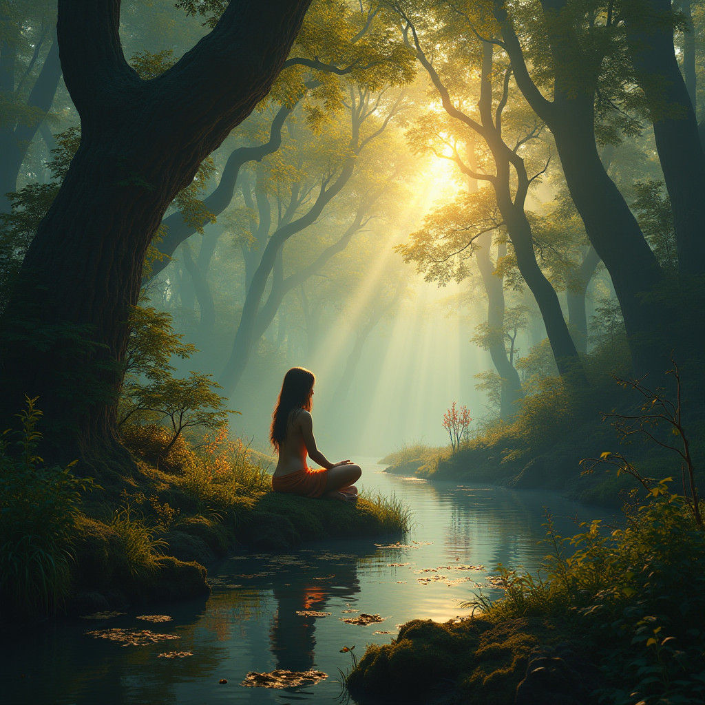 Mystical Forest Bathing Scene in Dreamlike Digital Art
