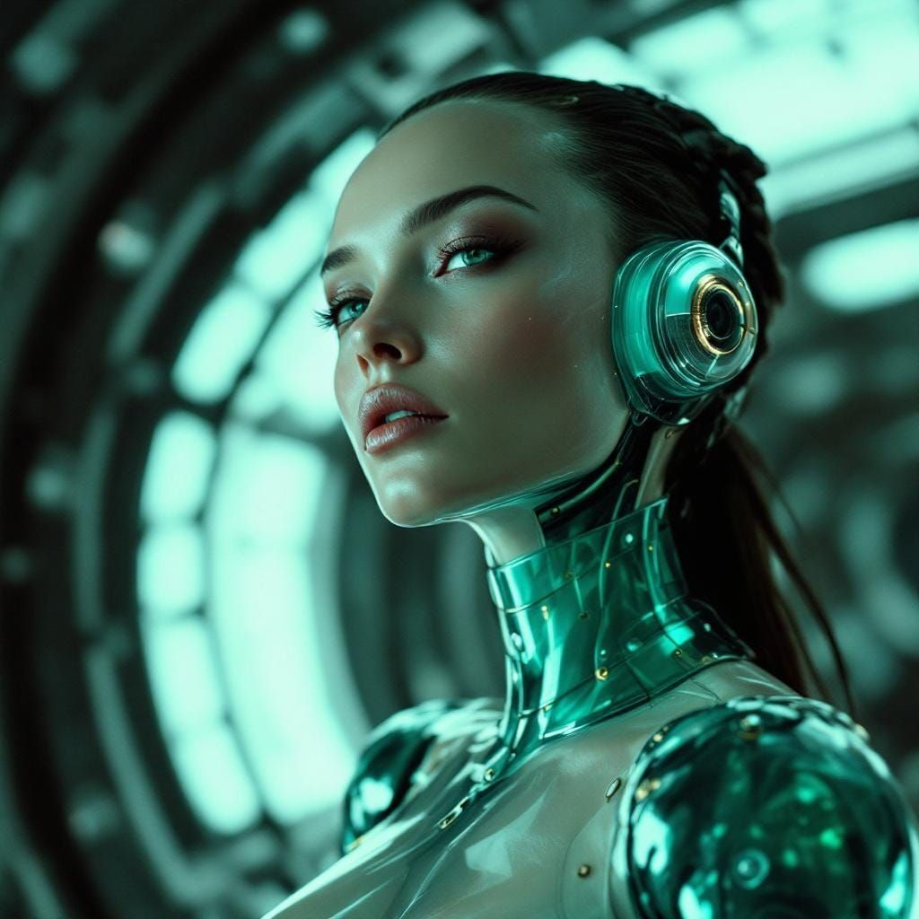 Glass Robot Woman in Spaceship, Futuristic Style