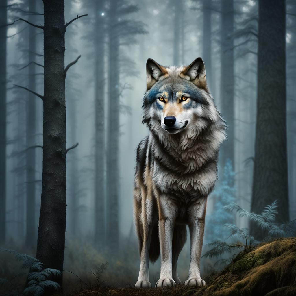 Majestic Wolf Presides Over Mystical Forest