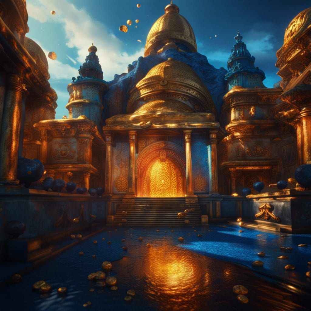 Hyperrealistic Gold and Sapphire Temple Concept