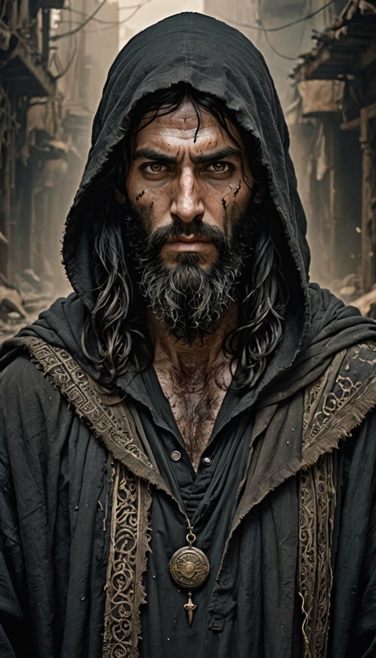 Hypnotic Post-Apocalyptic Man in Middle Eastern Tunic