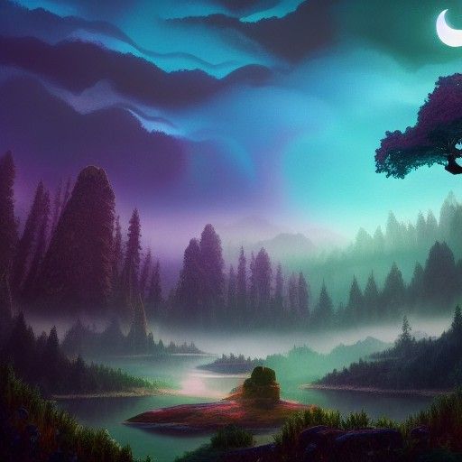 Fantasy Landscape with Garnet Clouds and Emerald Forest