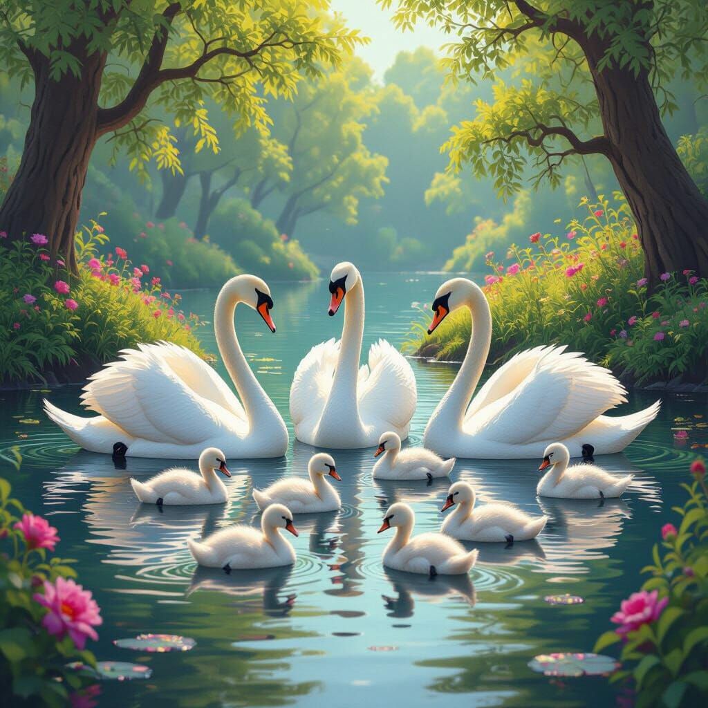 Elegant Swans and Cygnets on Serene Lake