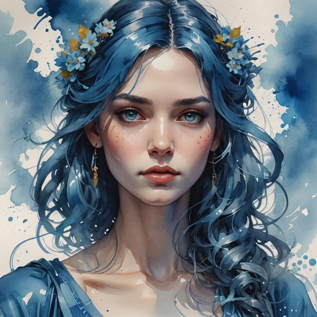 Blue Watercolor Portrait in Art Nouveau Style