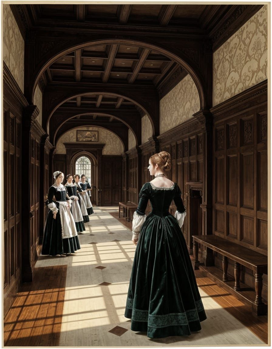 Tudor Lady in Wood-Panelled Hallway