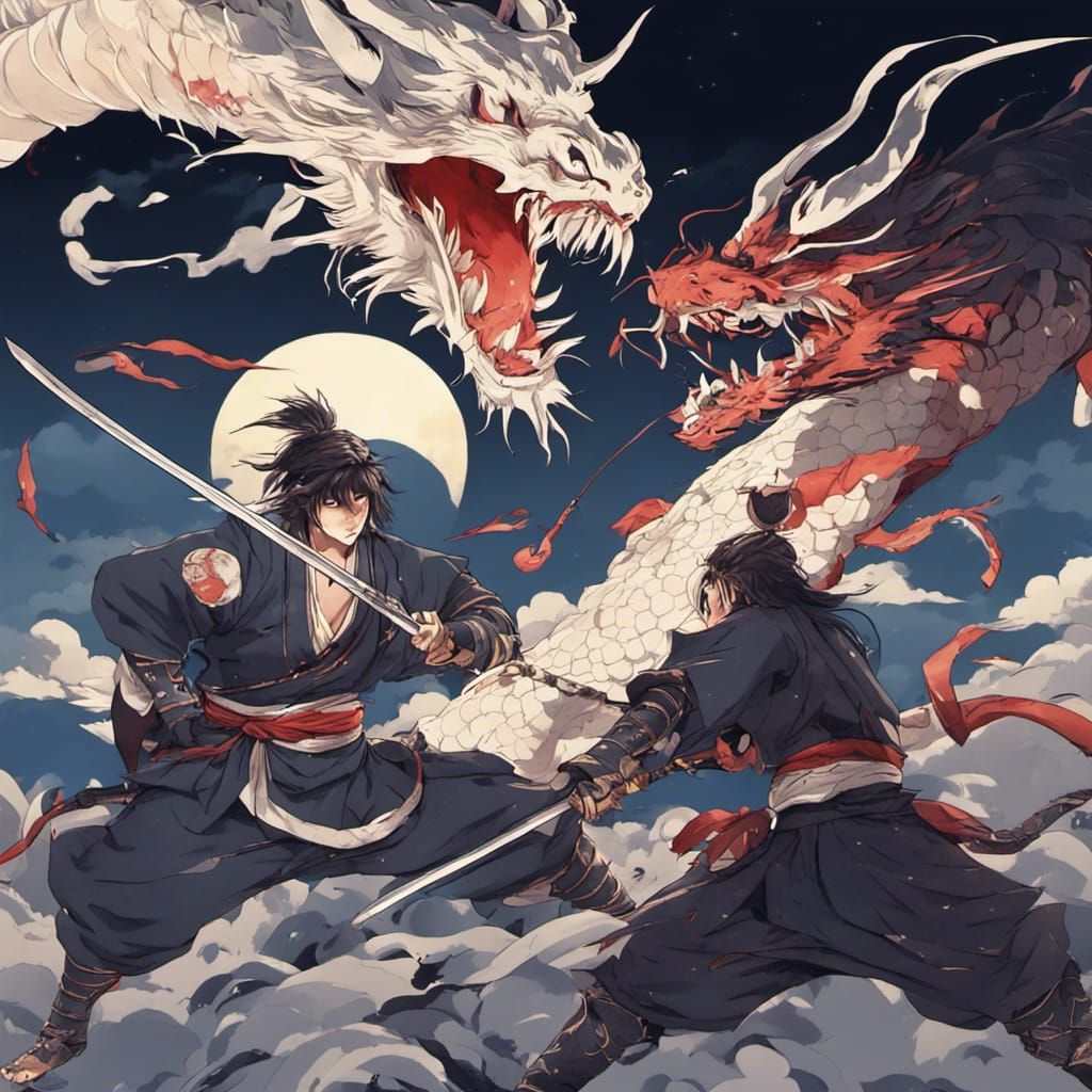 Samurai Dragon Fight Under Full Moon in Anime Style