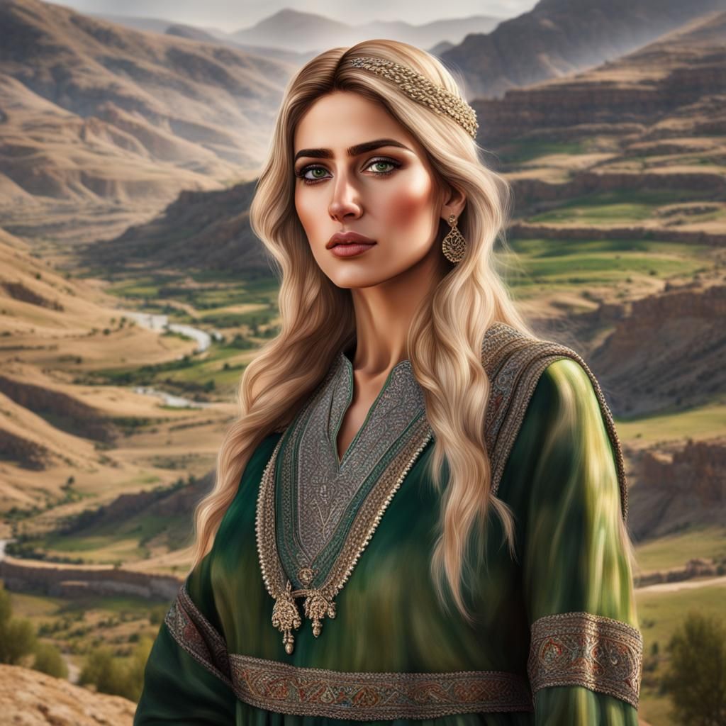 Hyperrealistic Portrait of Kurdish Woman with Green Eyes