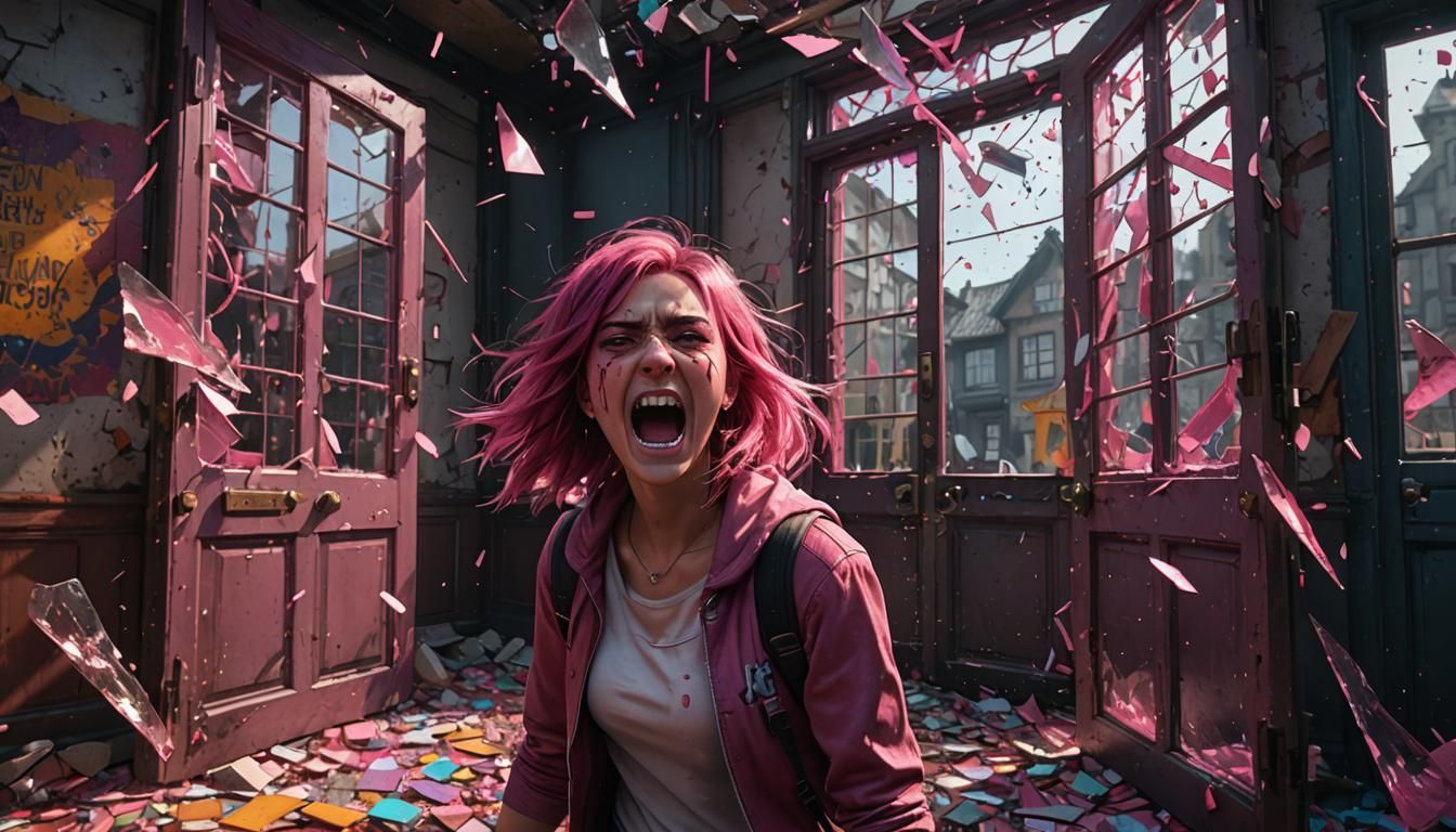 Pink Emo Girl in Shattered Glass Fantasy Art