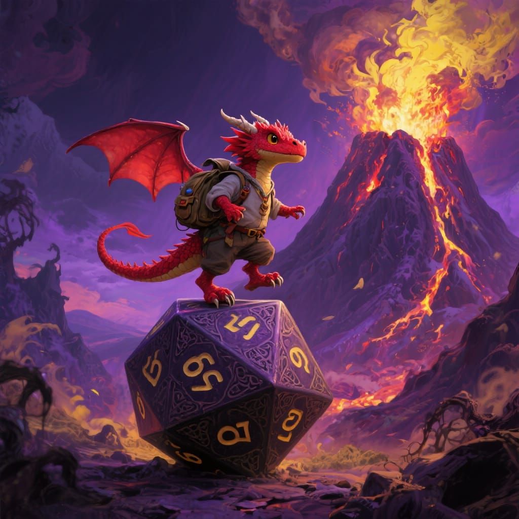 Red Dragon Balancing on Dice with Volcano Background