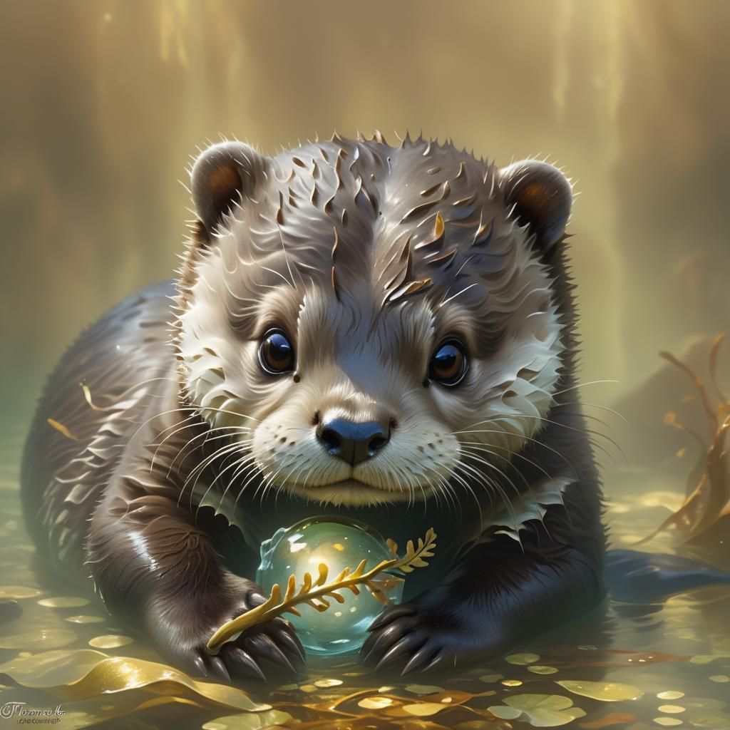 Adorable Otter on Kelp Bed in Fantasy Style