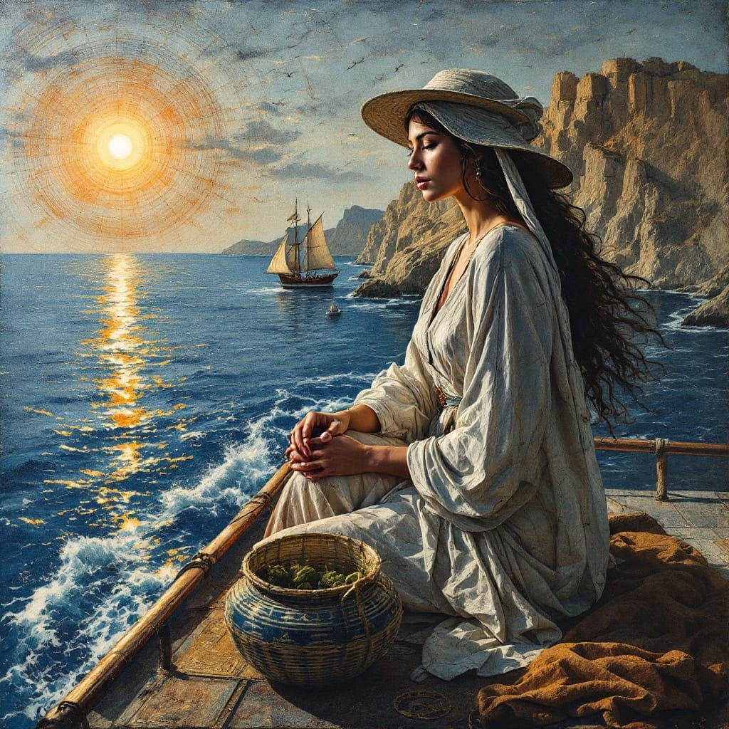 Ethereal Sailor Woman Portrait on the Mediterranean Coast in...