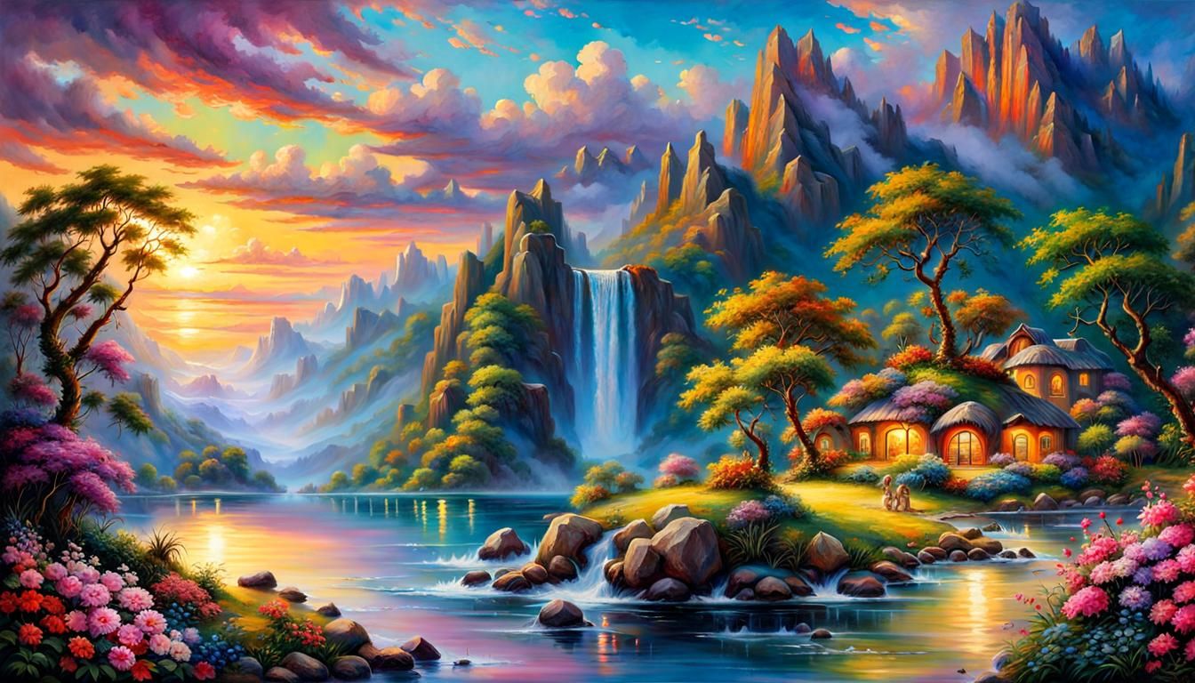 Surreal Mountain Paradise in Vibrant Colors with Waterfalls....