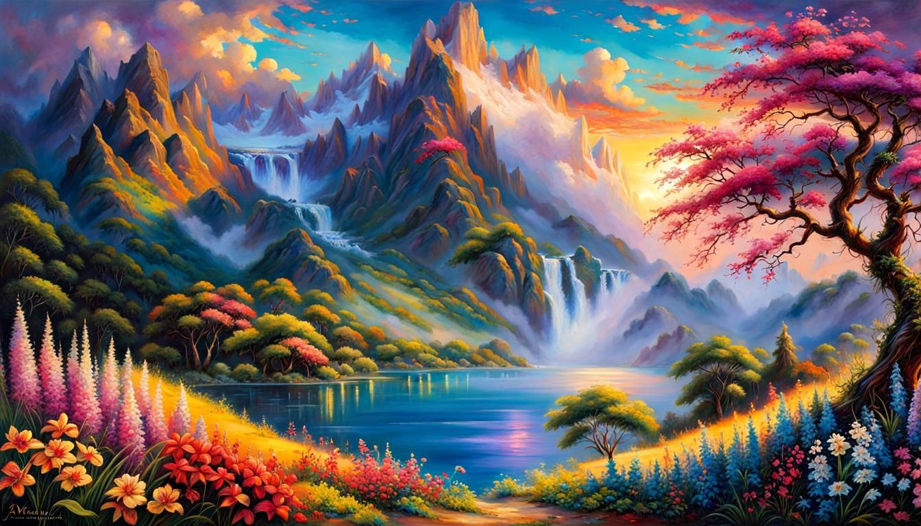 Mountain Landscape with Waterfalls and Pirate Cove