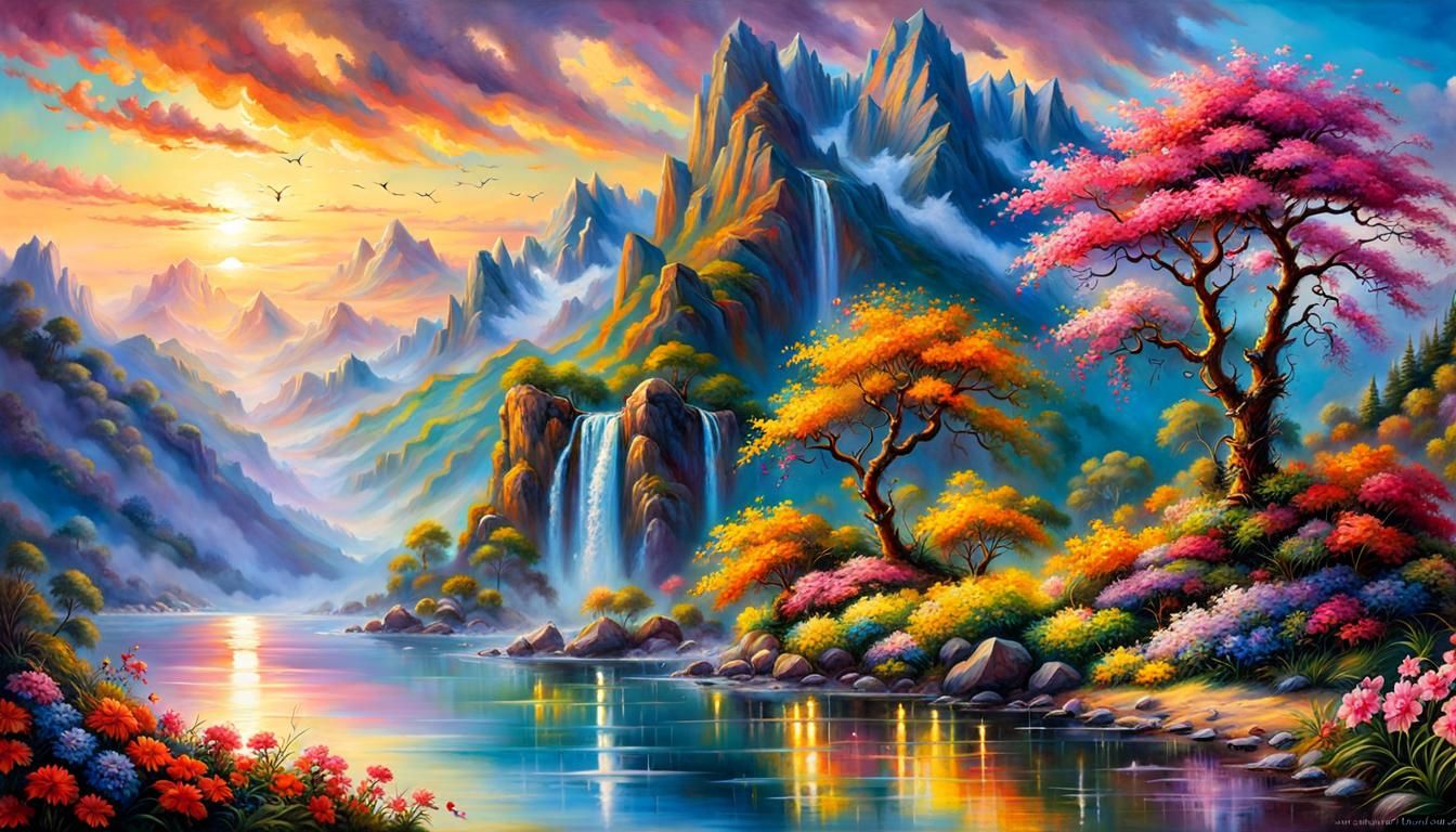 Mountain Landscape with Waterfalls and Spring Flowers