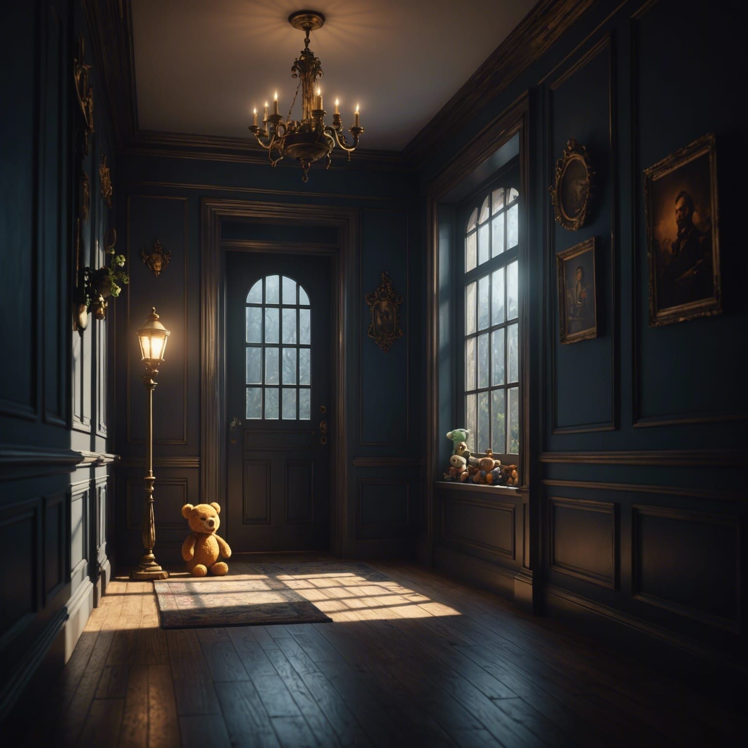 Illuminated Toy in Dark Hallway: Detailed Matte Painting