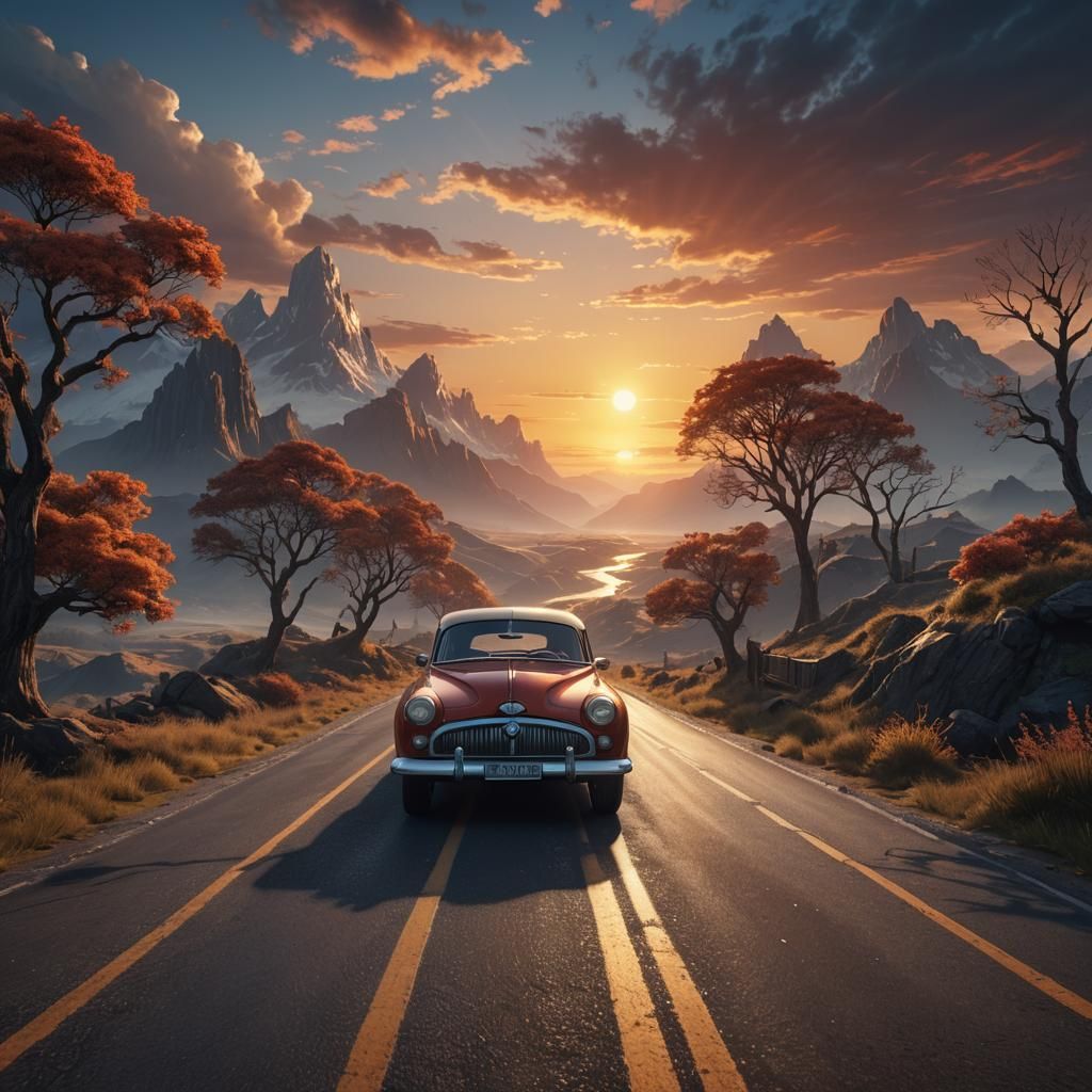 Vintage Car on Road to Rising Sun