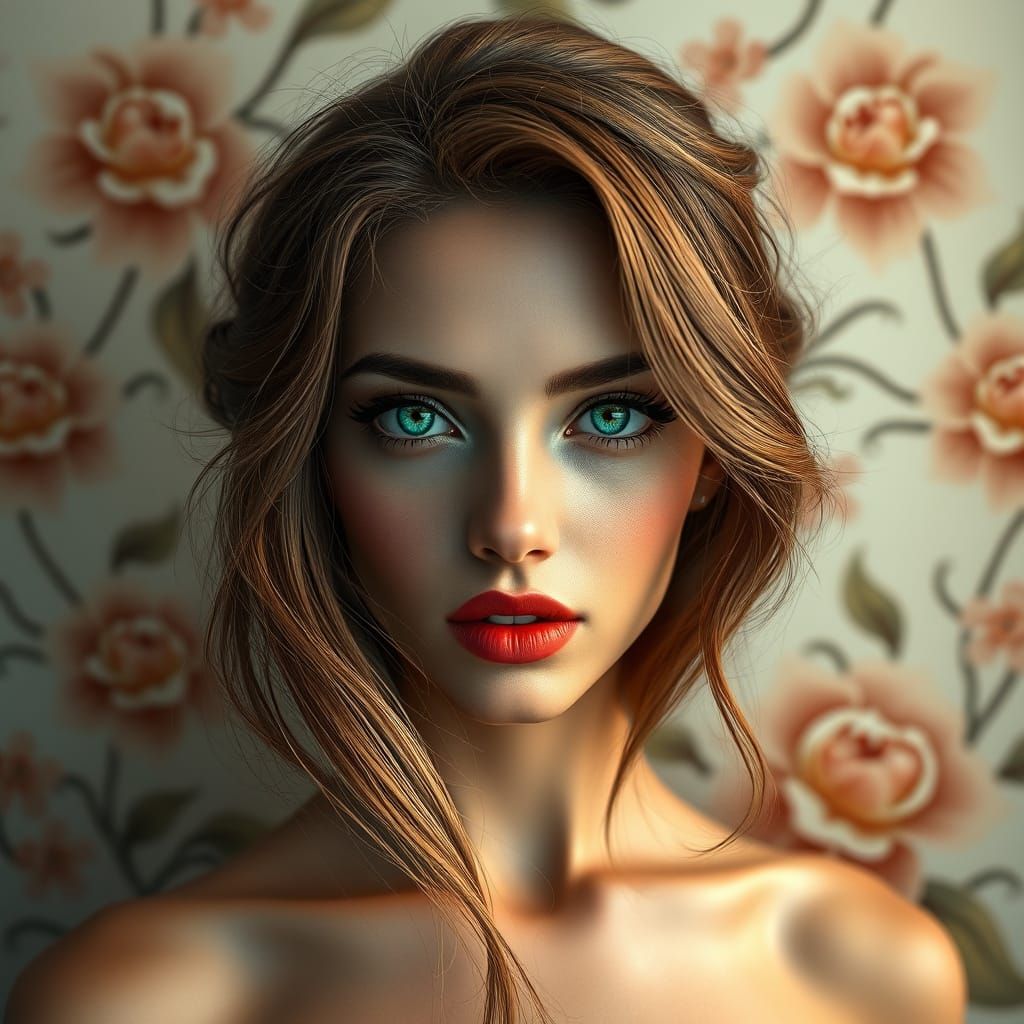 Sultry Portrait in Art Nouveau Style with Emerald Eyes