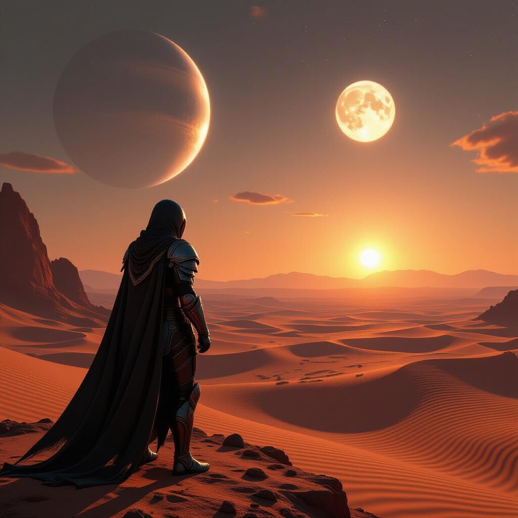 Lone Warrior in Obsidian Armor at Alien Binary Sunset