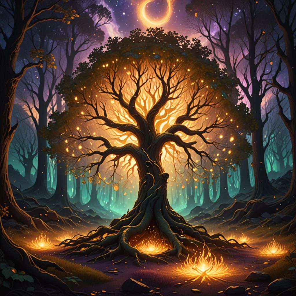 Mystical Forest Rebirth: Phoenix Rises from Glowing Acorn