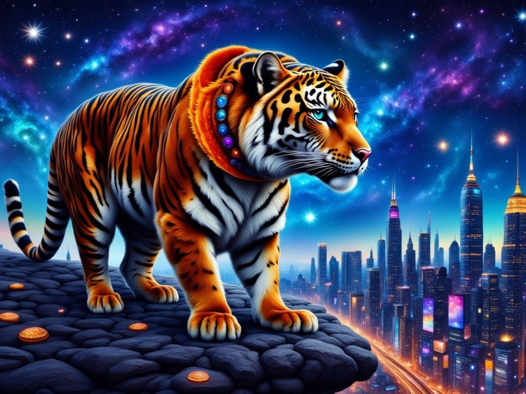 Giant Cyberpunk Tiger Guardian Overlooking City