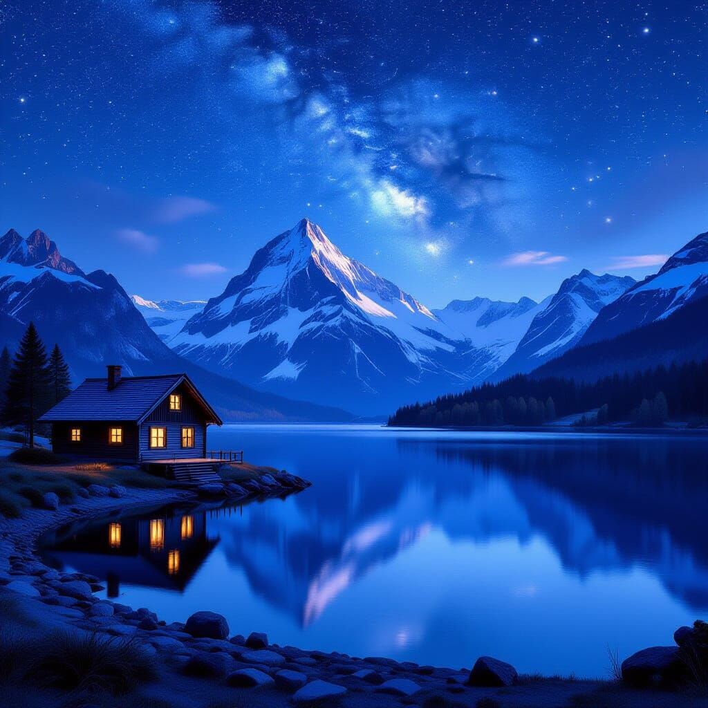 Alpine Lake Reflection Under Starry Swiss Alps Night Sky